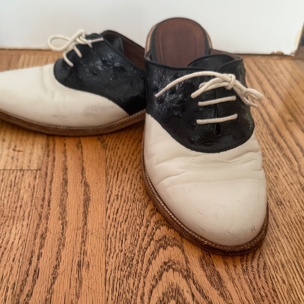 Band Of Outsiders Black/White Oxford Loafer Mules Stacked Saddle Leather Size 8 - Picture 6 of 8